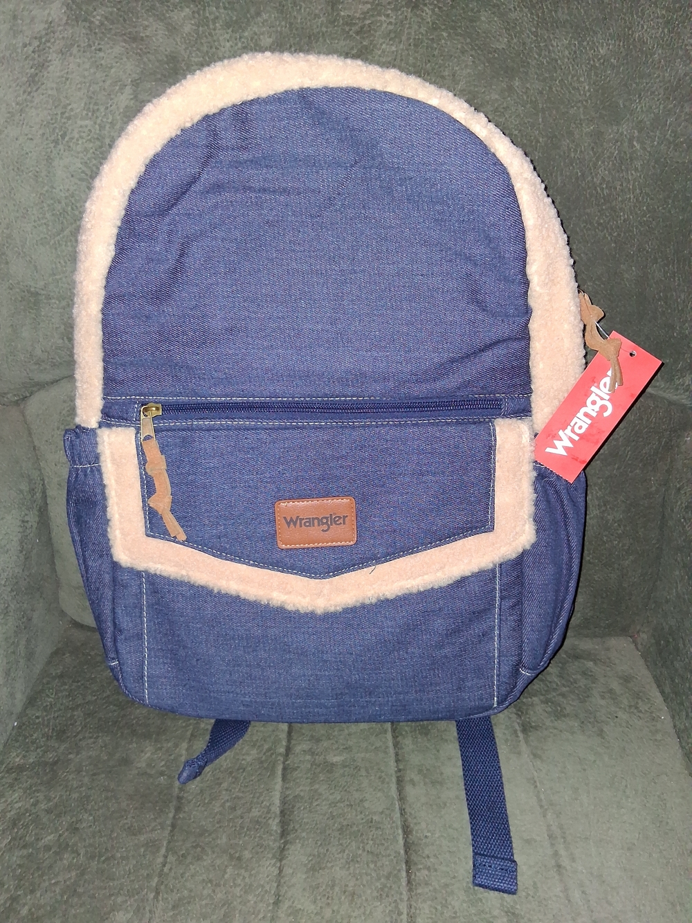 Wrangler Blue Denim Backpack with Cream Sherpa Trim